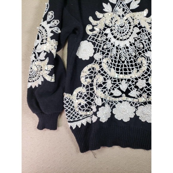 Bonnie Boerer Sweater Womens Small Black V-Neck Sequin Bling Trim Knit Pullover - Picture 4 of 10